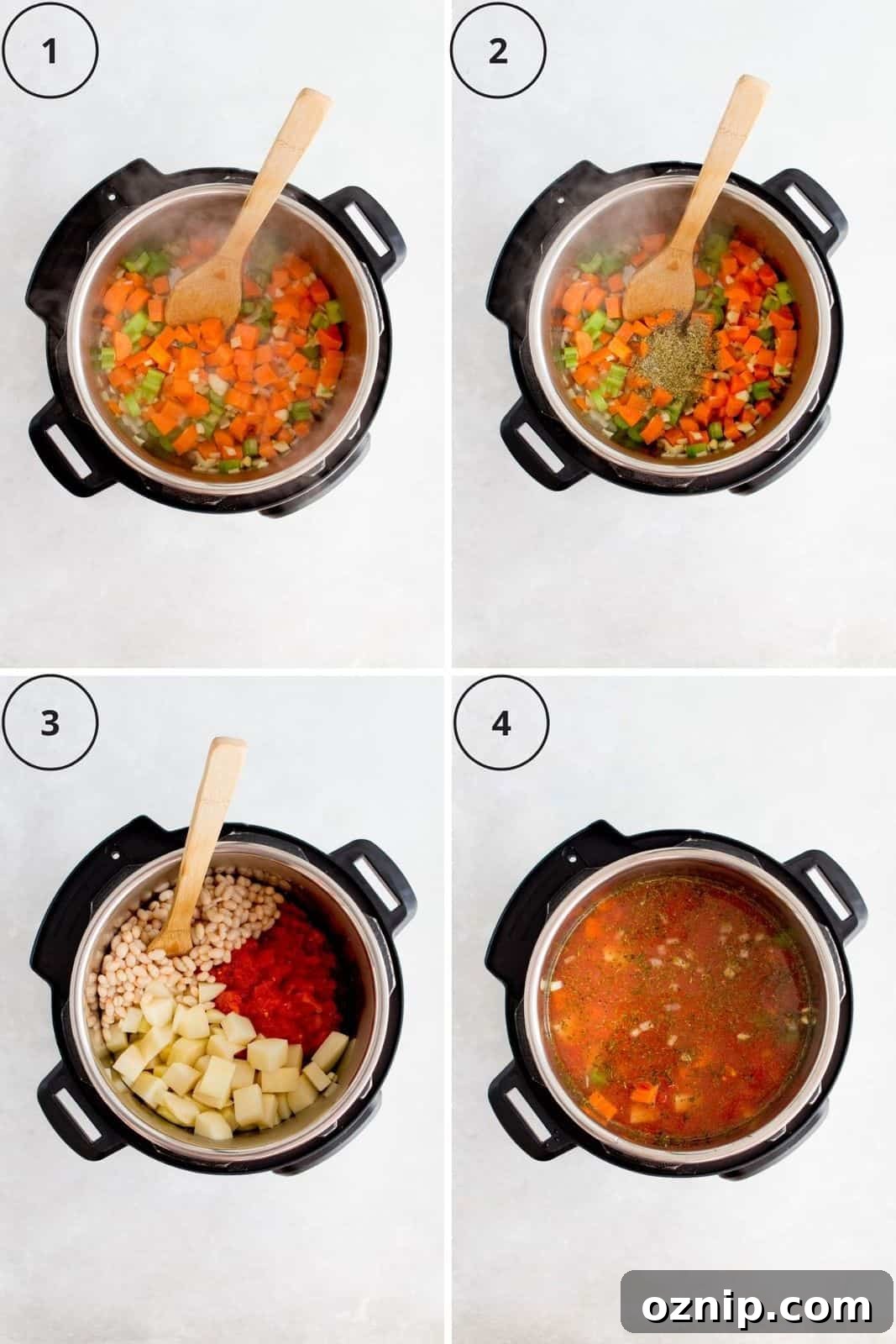 Set of 4 photos showing the ingredients sauted, seasoned, and mixed together.