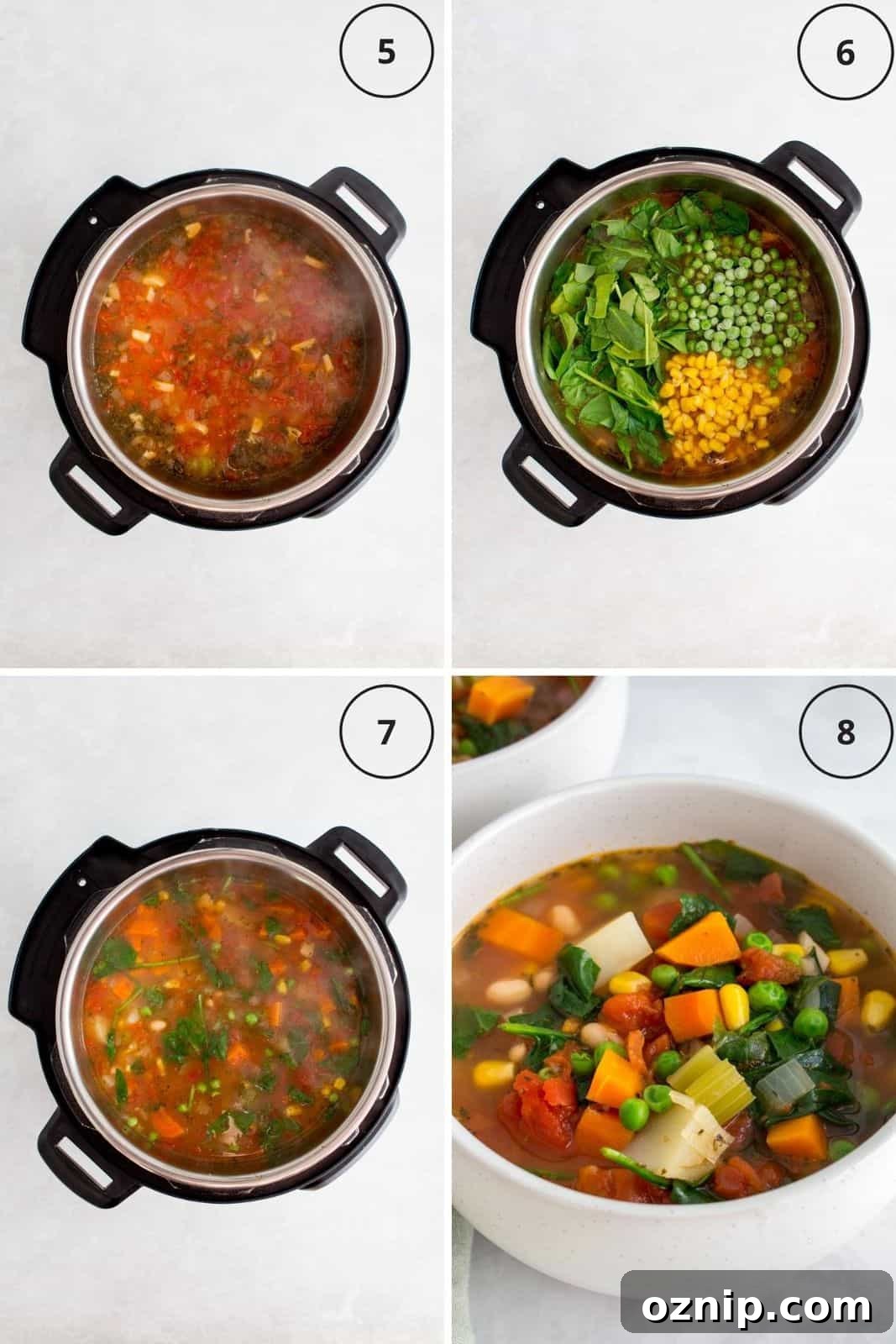 Set of 4 photos showing spinach, peas, and corn added to cooked soup.