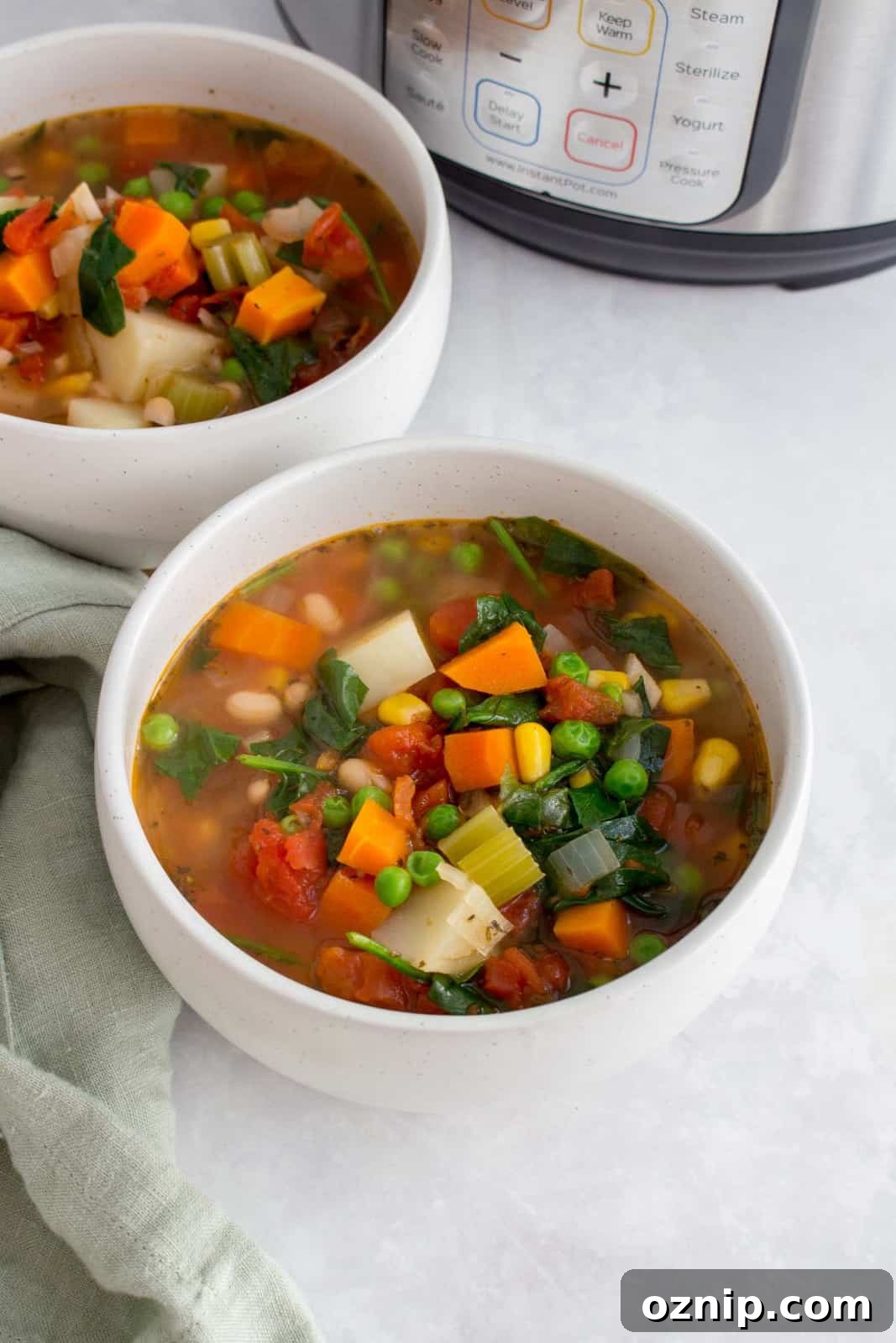 Angled view of a bowl of instant pot vegetable soup.