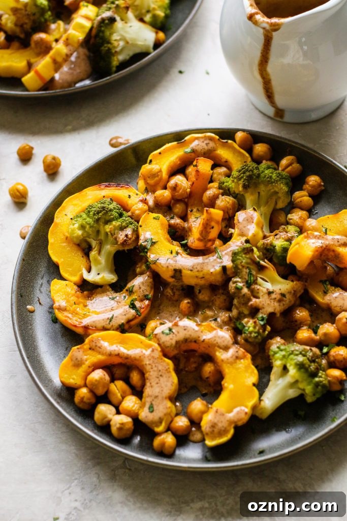 Plant-Based Thanksgiving Sides Your Guests Will Love 2 Delicata Chickpea Bake With Almond Butter “Gravy” by Flora & Vino