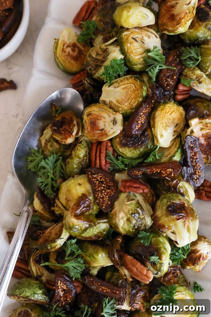Plant-Based Thanksgiving Sides Your Guests Will Love 3 Roasted Brussels Sprouts with Figs & Pecans by Flora & Vino
