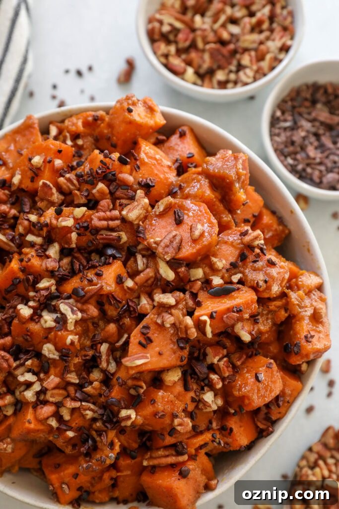 Plant-Based Thanksgiving Sides Your Guests Will Love 4 Candied Yams with Cacao Nibs & Pecans by Flora & Vino