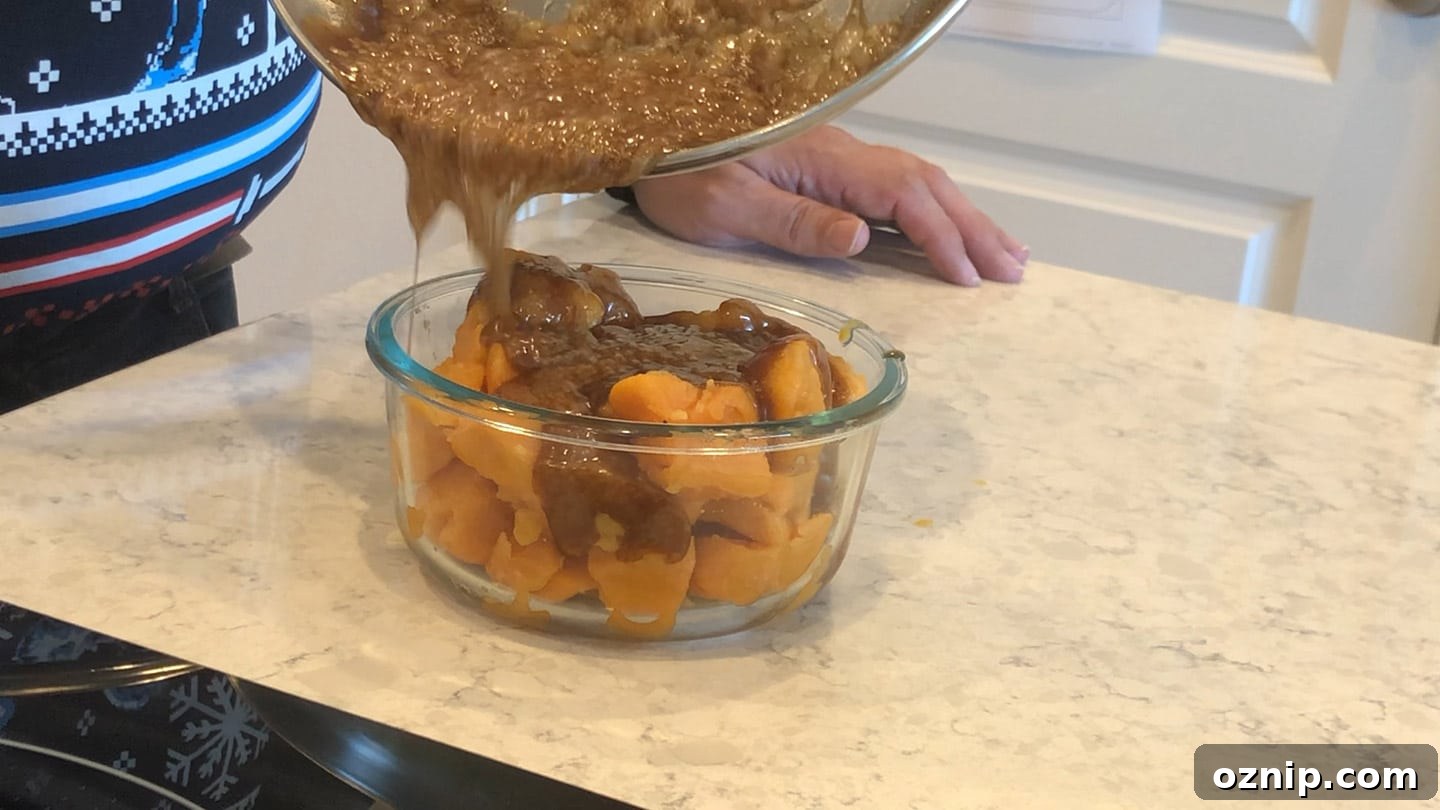 pouring sugar mix over yams