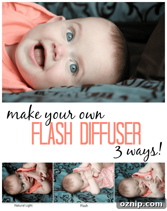 3 images showing the same photo in natural versus flash light versus diffused light