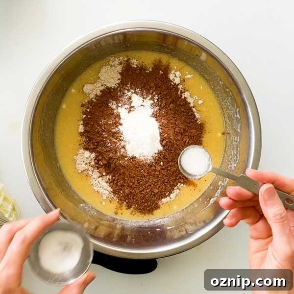 Adding all the dry ingredients to the cake batter.