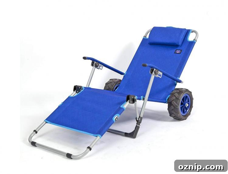 2-in-1 Beach Lounger A royal blue outdoor lounger with sturdy wheels