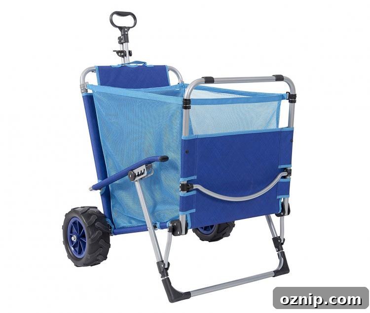 2-in-1 Beach Lounger A wagon with sturdy wheels and a large pouch for gear storage