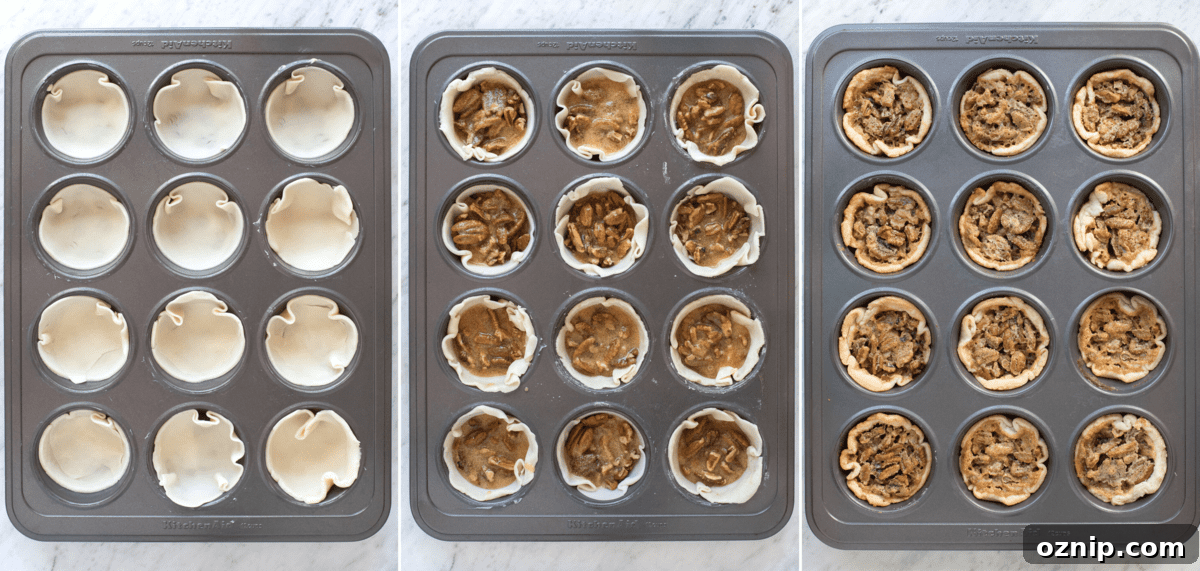 how to assemble mini pecan pies in muffin pan collage