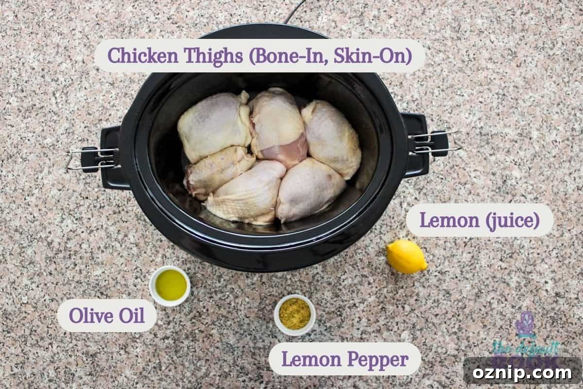 Labeled ingredients on a kitchen counter: bone-in skin-on chicken thighs, olive oil, lemon pepper seasoning, and a lemon for juice.