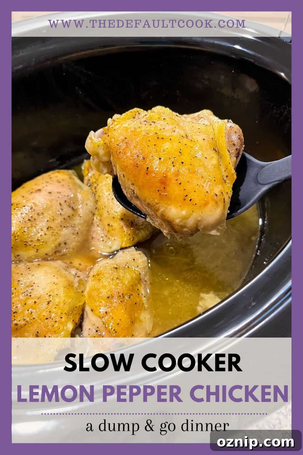A slow cooker with finished lemon pepper chicken thighs, with one being lifted out on a serving spoon.