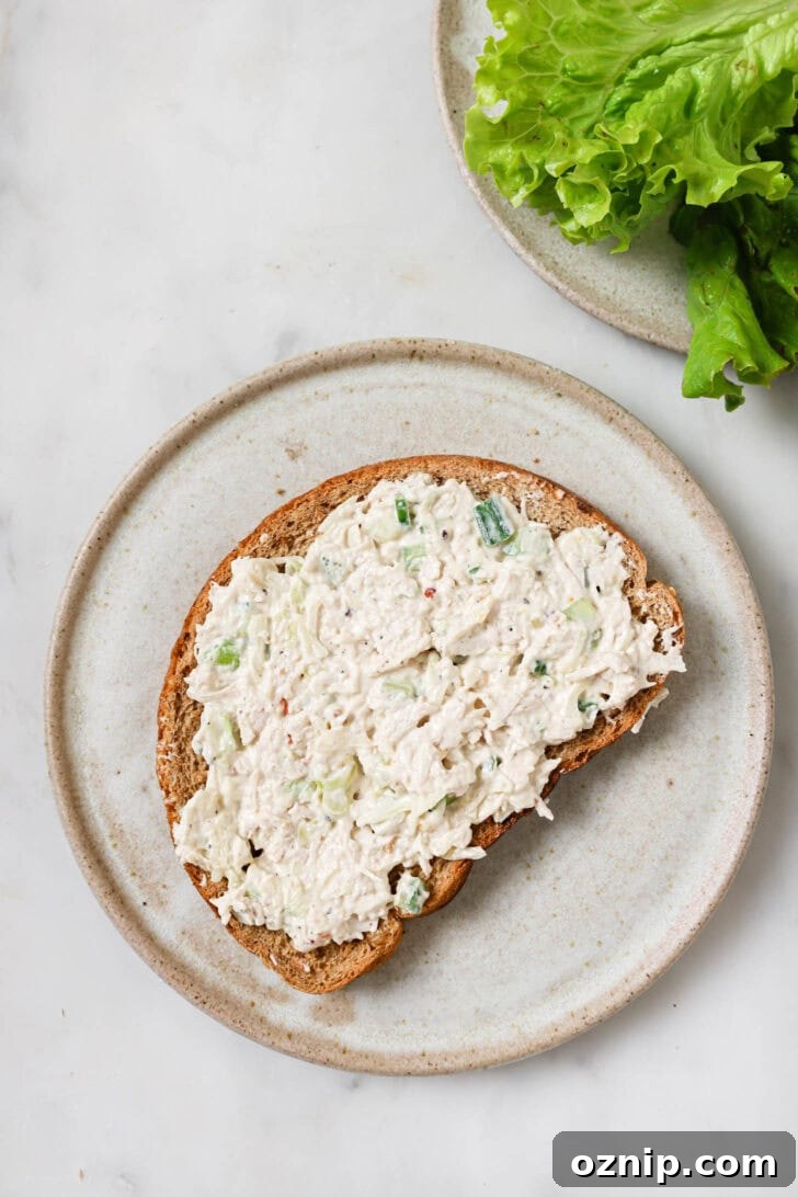 Chicken filling spread on a piece of multigrain bread on a plate.
