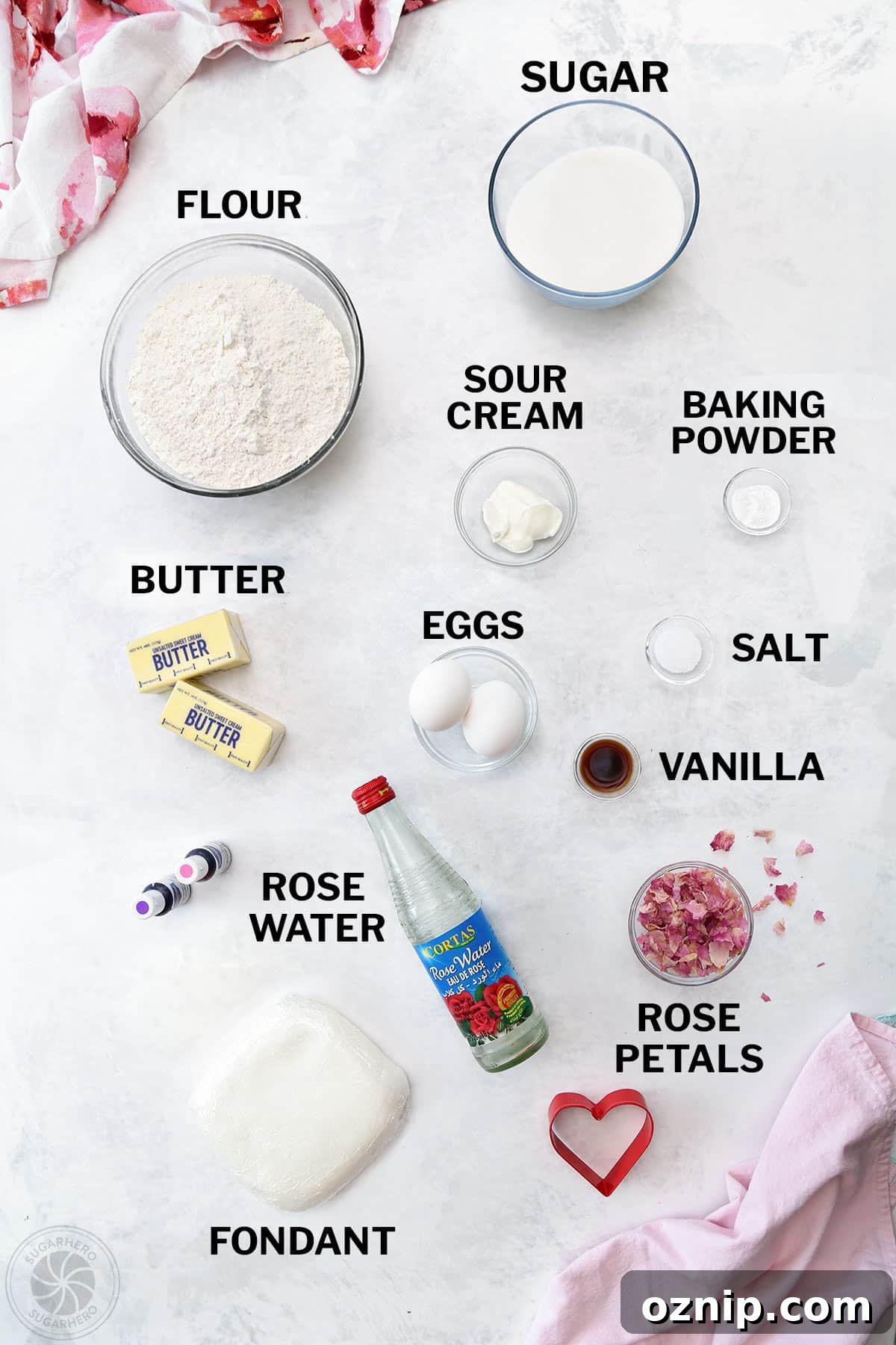 How to Make Watercolor Rose Sugar Cookies 4 Ingredients for Watercolor Rose Sugar Cookies with text labels.