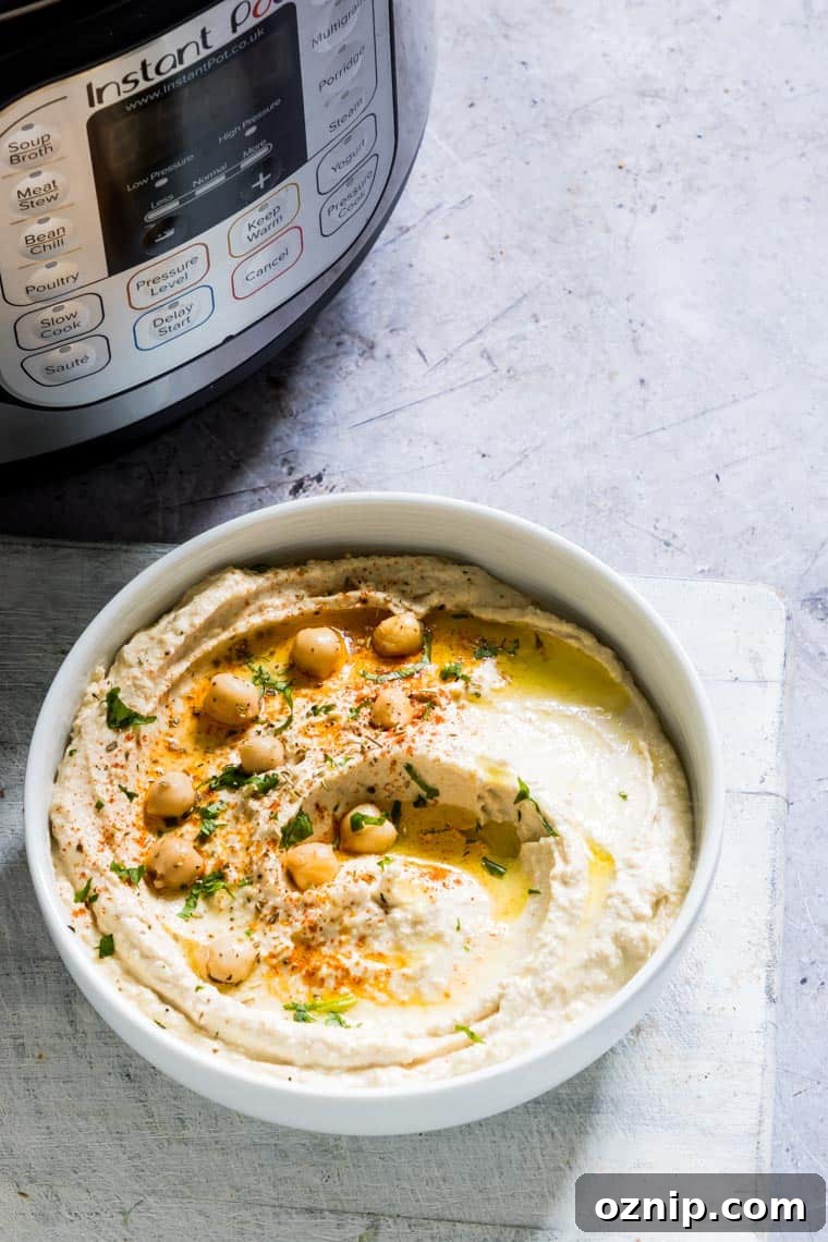 bowl of classic hummus next to an instant pot