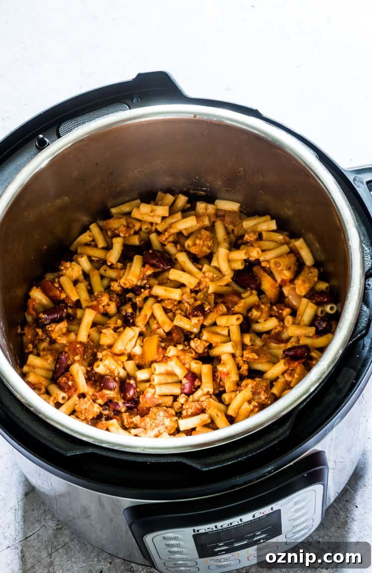 finished instant pot chili mac inside the instant pot