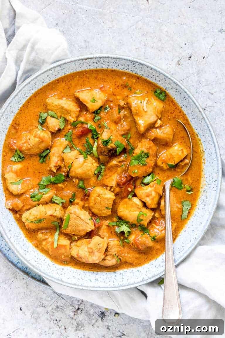 spoon inside large bowl of instant pot chicken curry on top of countertop