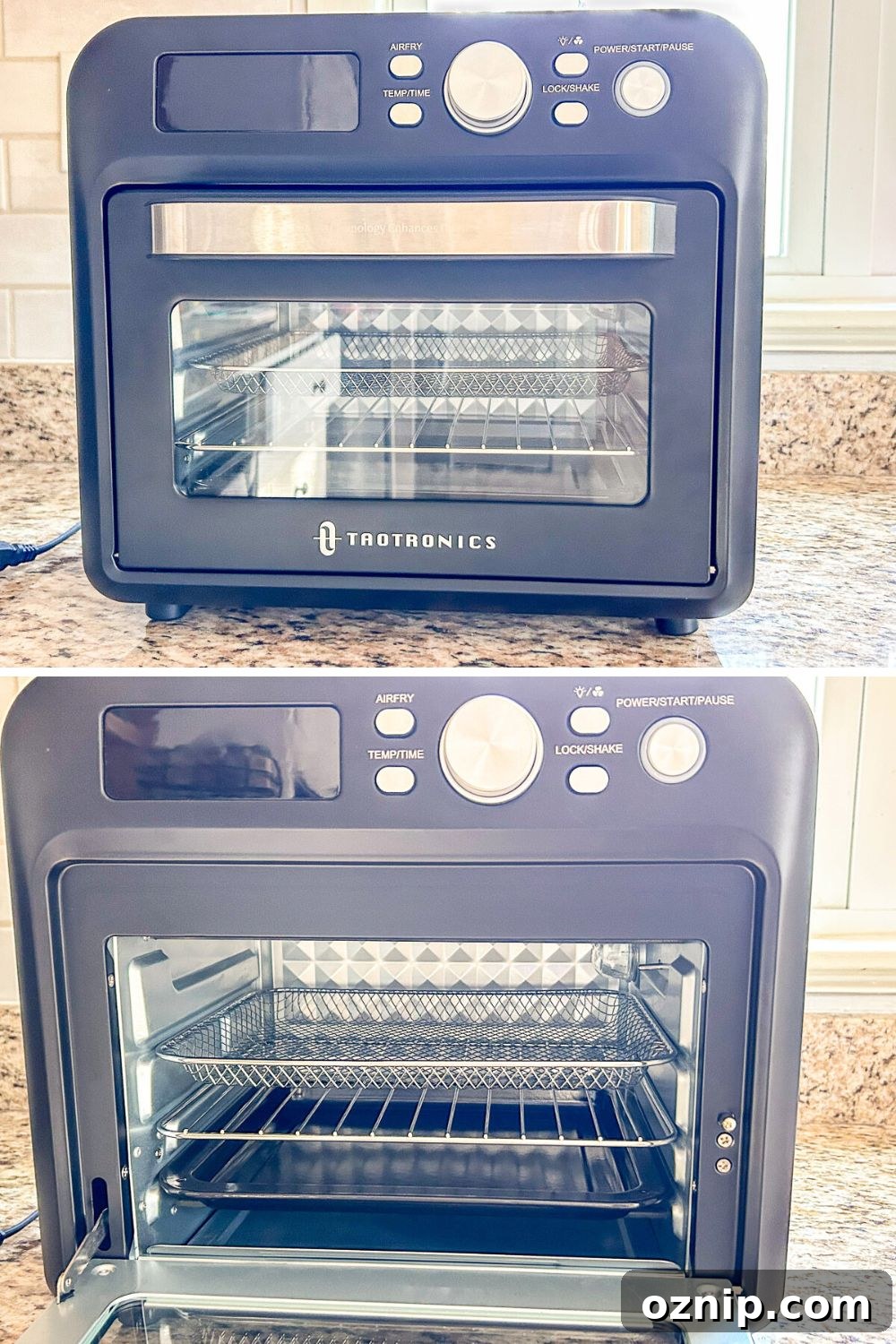 Two photos, one of the air fryer with the door closed and the second with the door open with all the trays