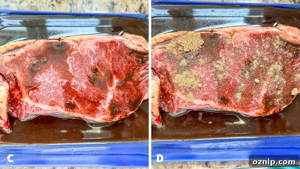 Left: coconut aminos, and Worcestershire sauce on the steak. Right: cumin added to the steak
