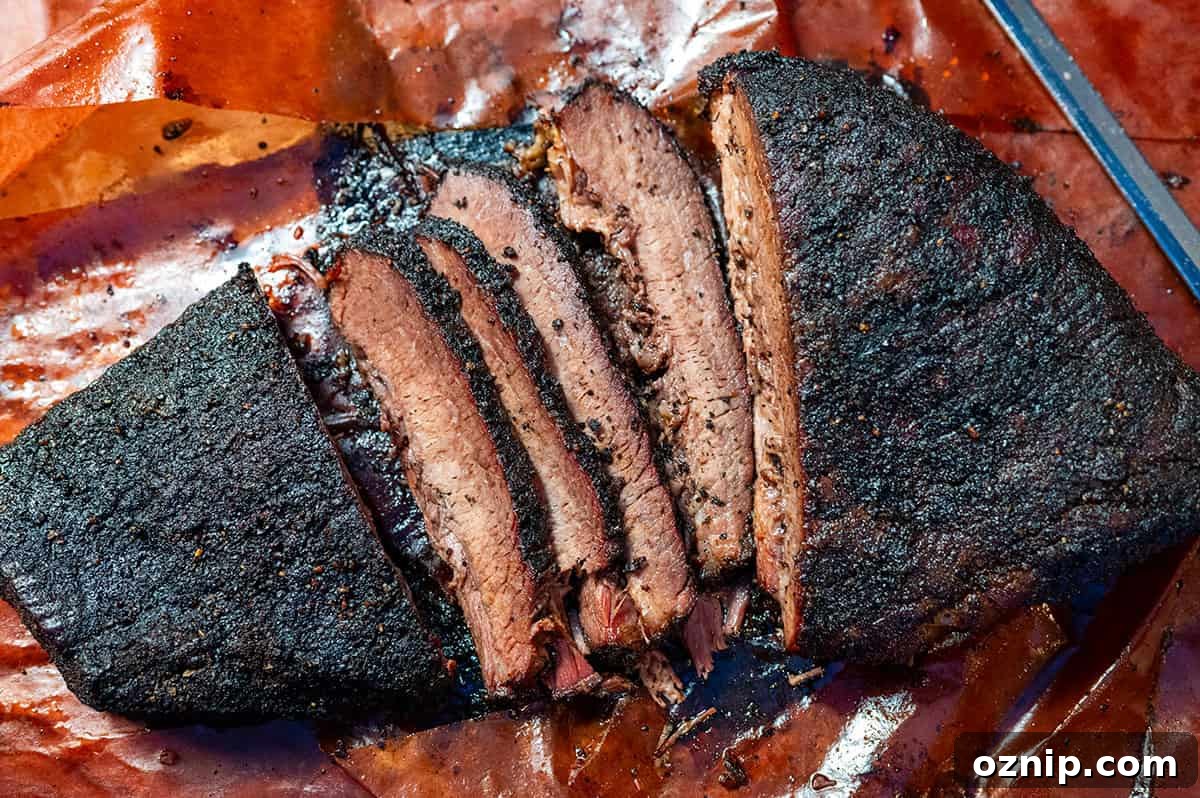 Sliced smoked brisket.
