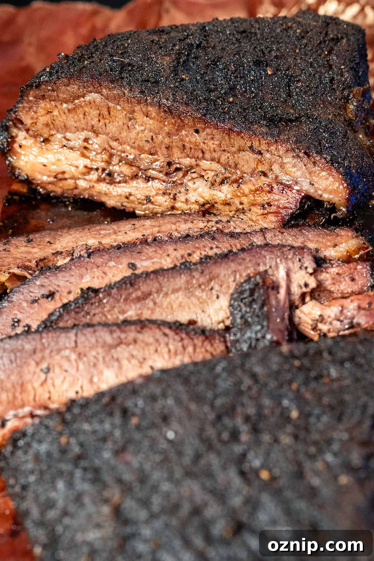 Sliced smoked brisket.