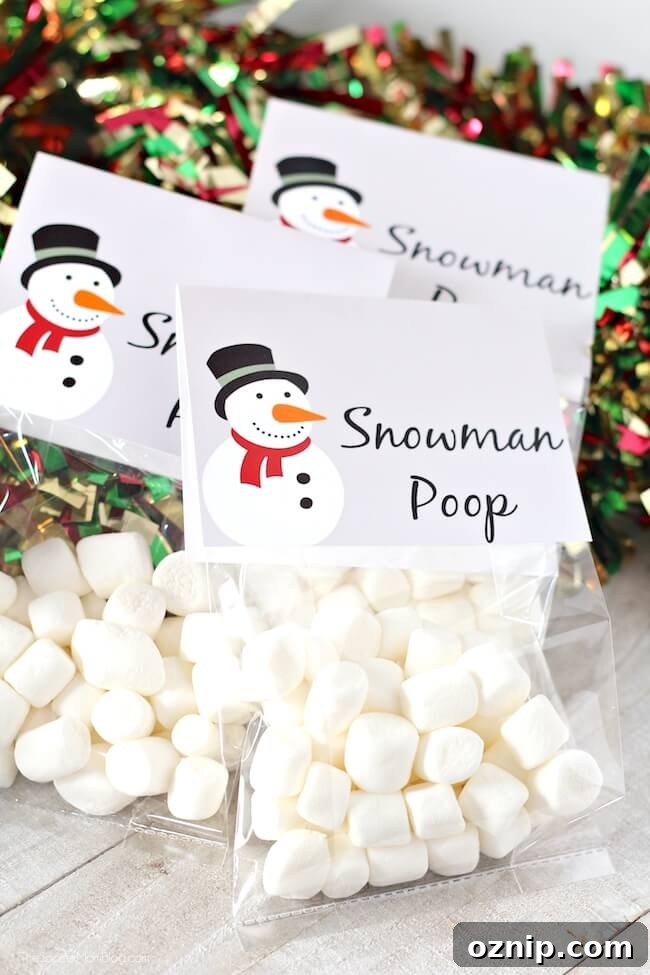 A cute and easy holiday party snack — these Snowman Poop Christmas Treat Bags take just minutes to make with our free printable labels!