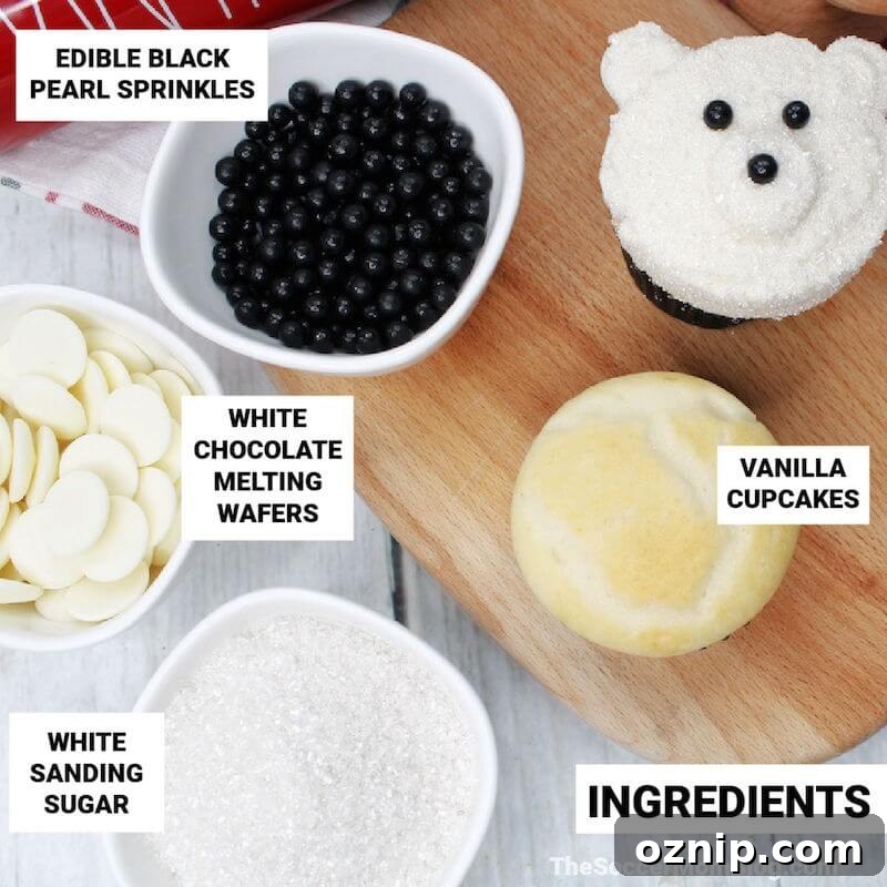 ingredients to make decorated polar bear cupcakes, with text labels