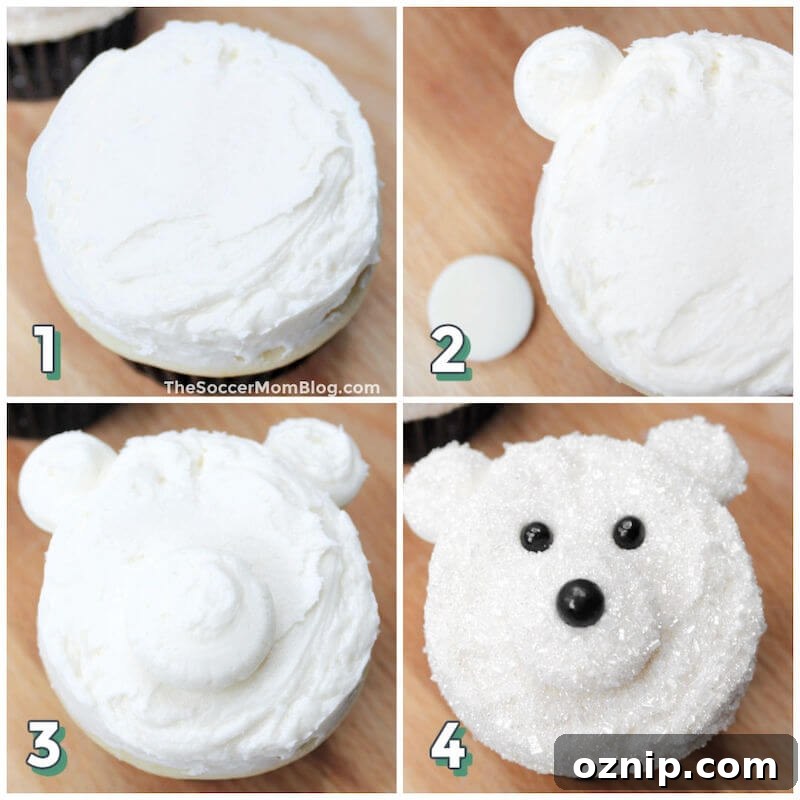 4-step photo collage showing how to decorate a cupcake to look like a polar bear