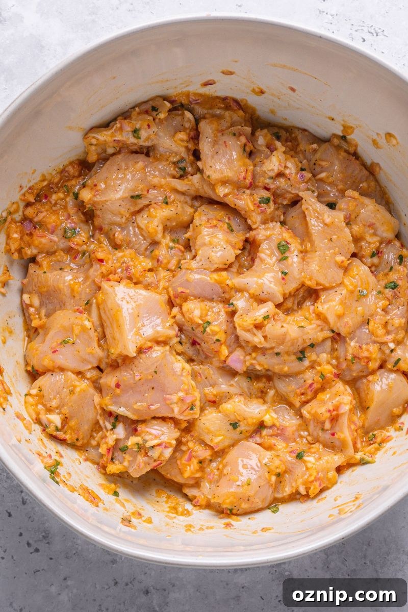 Greek Chicken Kebab Bowl with Tzatziki and Lemon Rice 6 chicken marinating