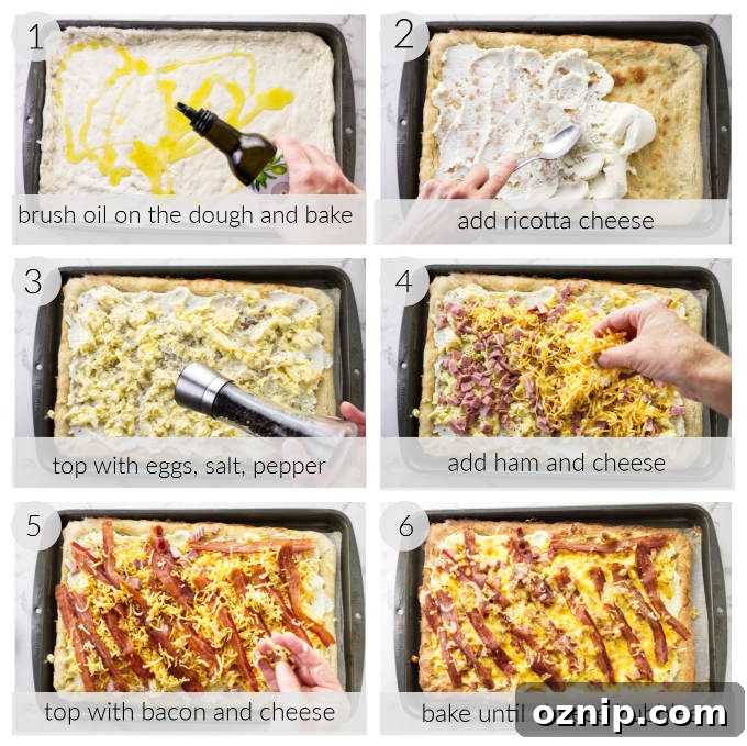 A collage of six photos showing how to make breakfast pizza.