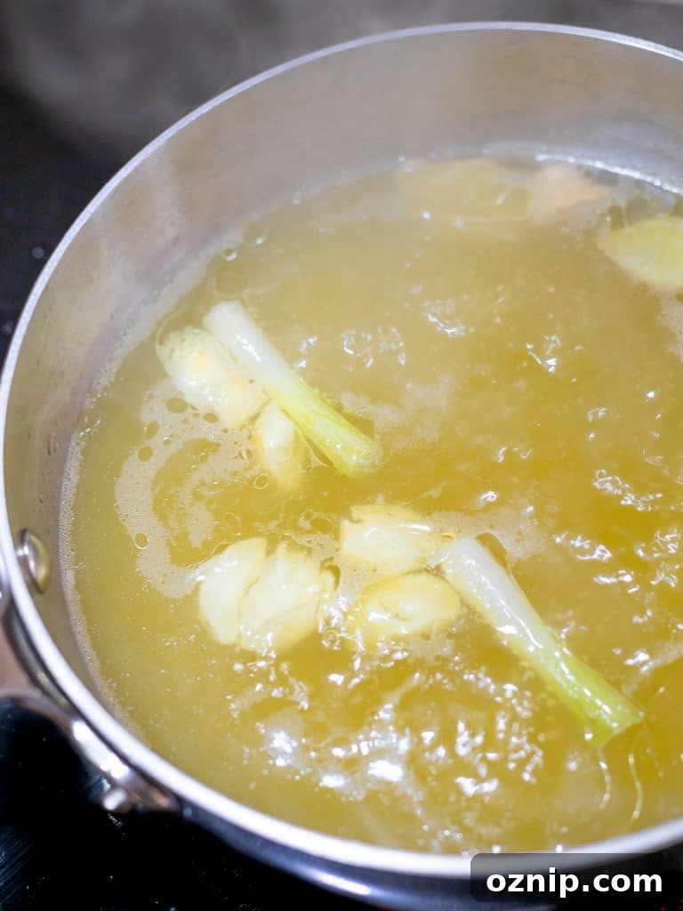 Asian flavored broth in a pot with garlic, scallions, and ginger