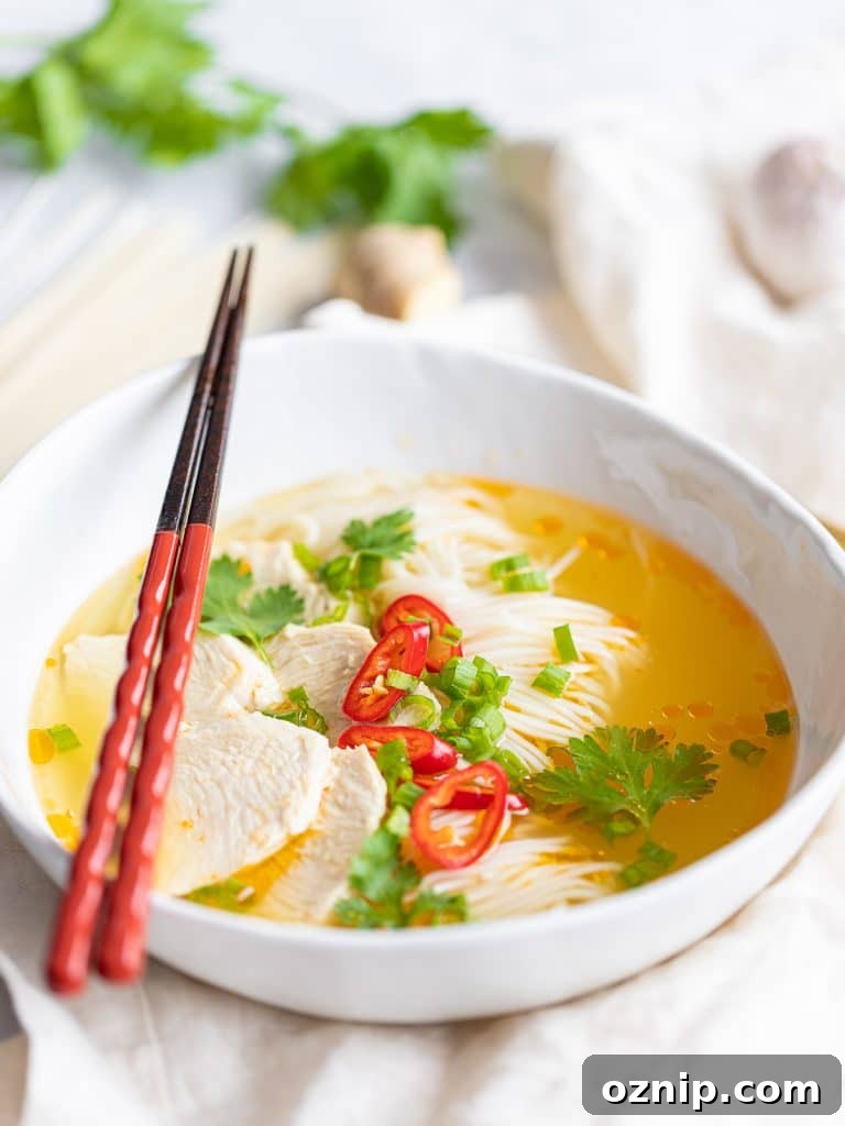 a bowl of healthy Asian chicken noodle soup with red chilis, chicken breast, and red chopsticks