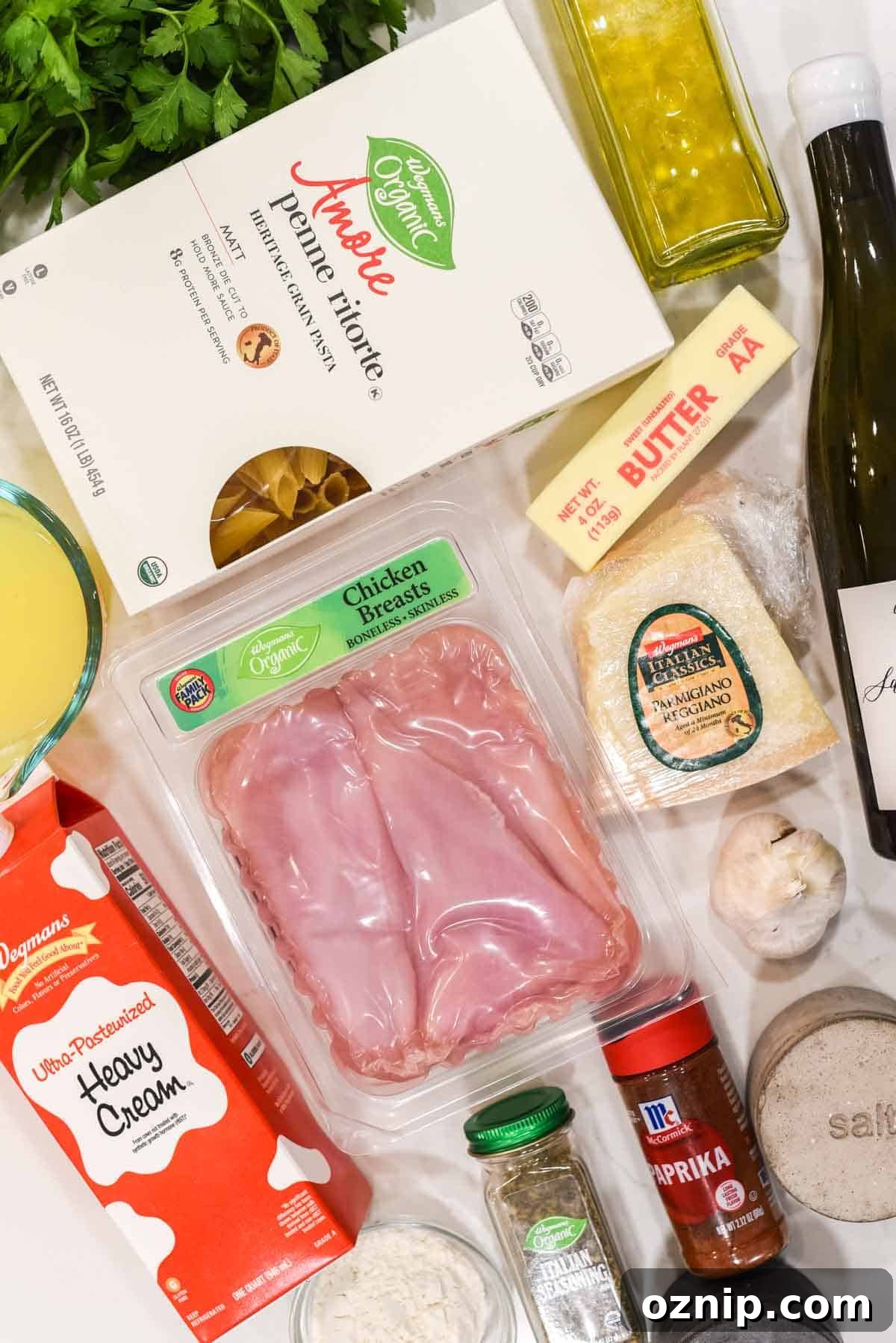 overhead shot of ingredients for garlic chicken parmesan pasta
