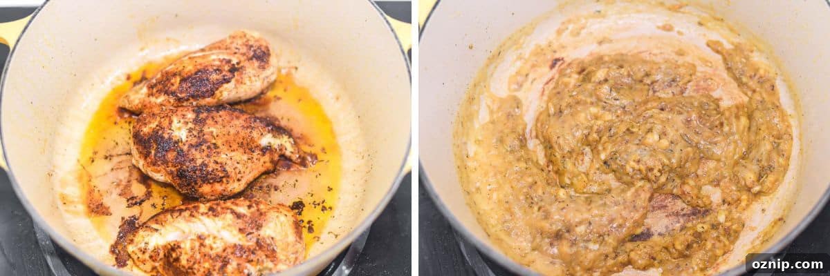 process shots of cooking chicken in Dutch oven before making roux for pasta