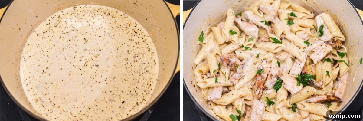 process shots of making cream sauce before tossing pasta and chicken in it