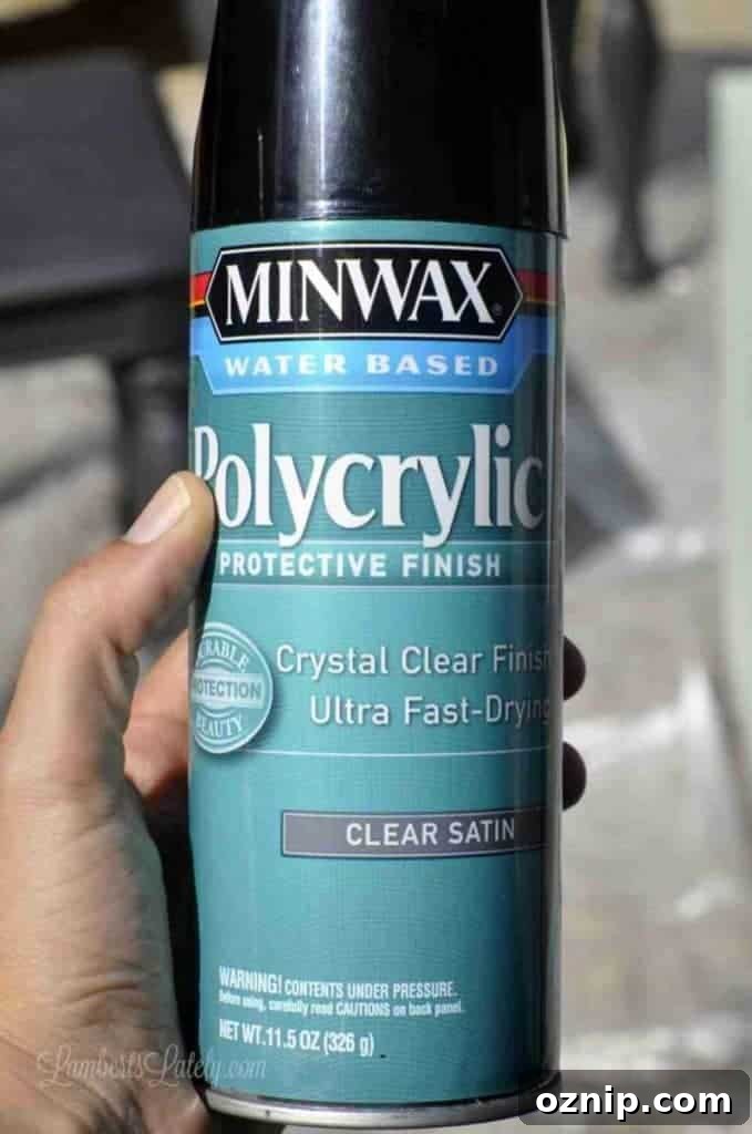 holding a spray paint can of minwax polycrylic.