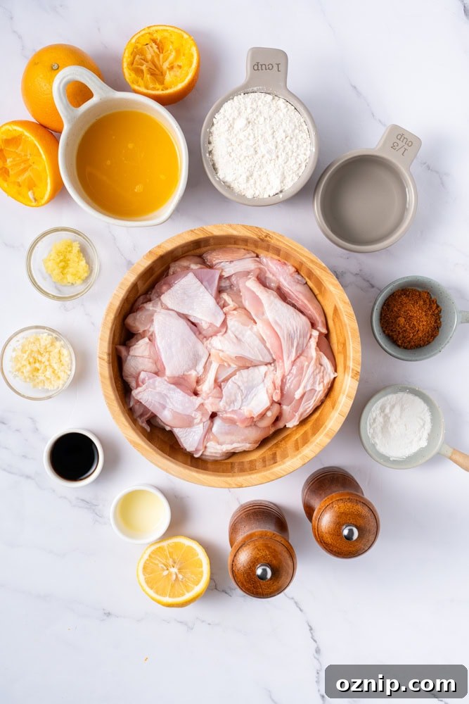 Ingredients for Orange Chicken laid out.