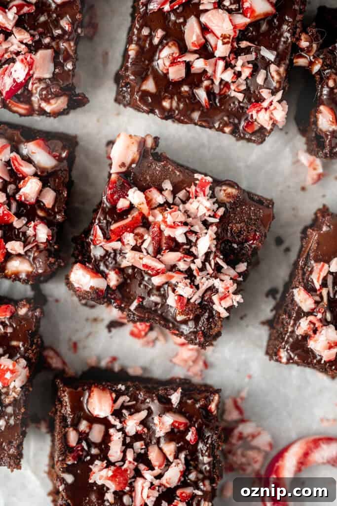 The chocolate peppermint brownies cut into squares.