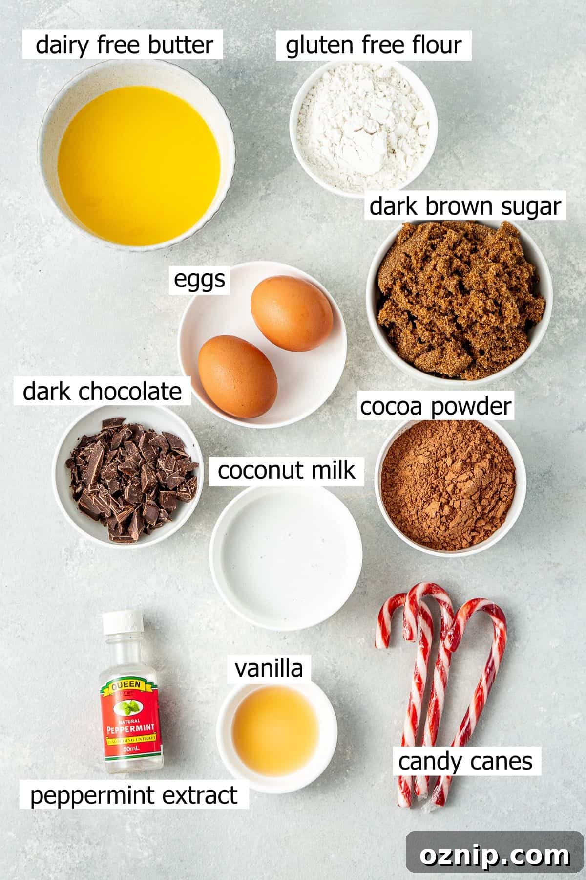 All ingredients needed to make gluten free chocolate peppermint brownies laid out.