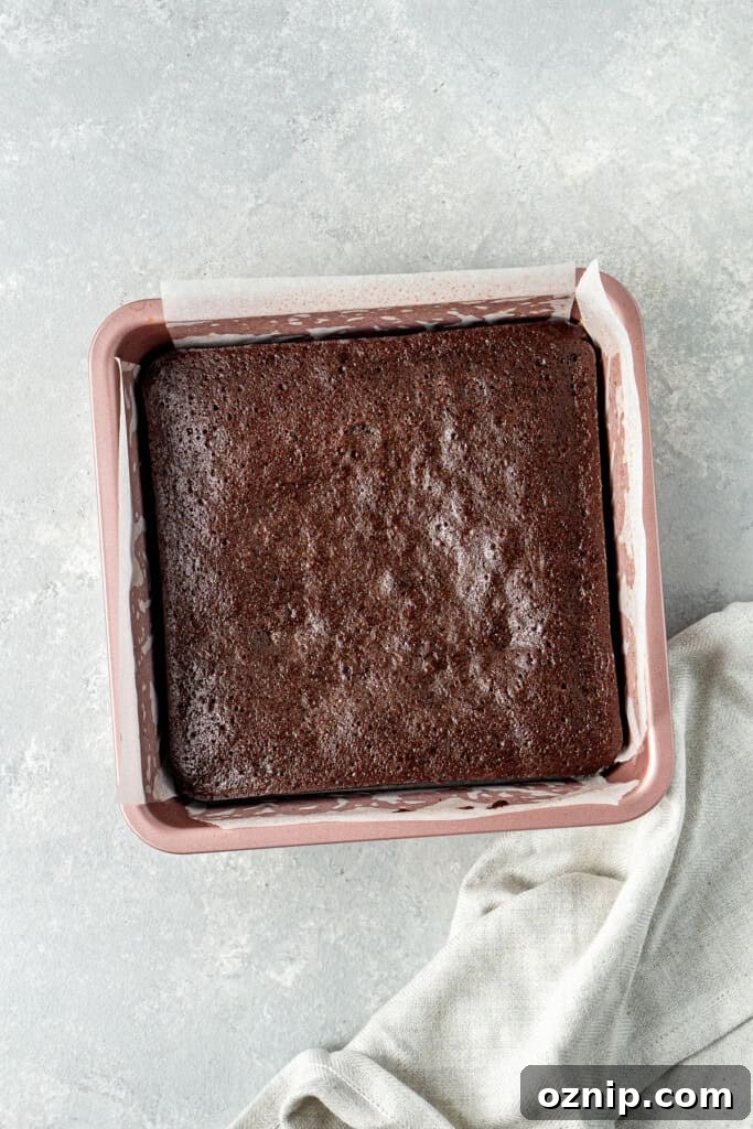 The cooked brownies in the baking pan.