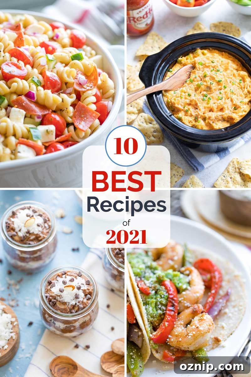 Top 10 Recipes of 2021: Most Popular Dishes Revealed 2 Collage of 4 recipe photos with text overlay reading "10 BEST Recipes of 2021".