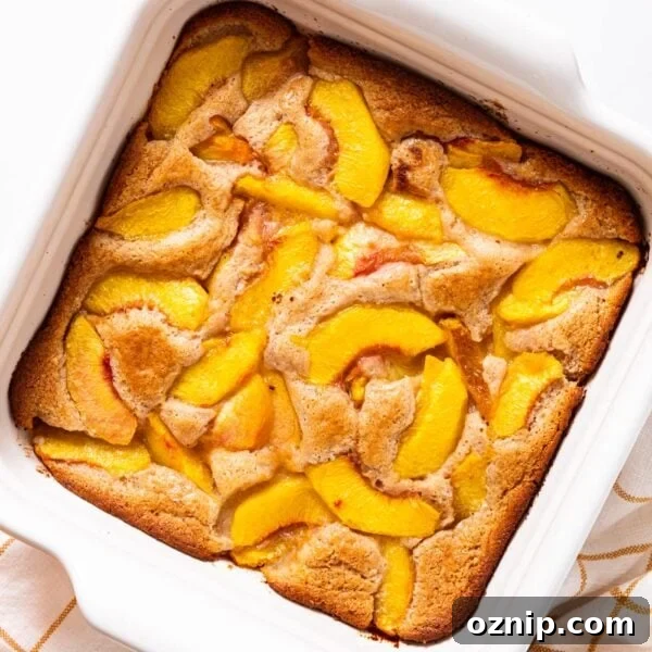 White baking dish filled with baked lazy peach cobbler with large peach slices showing on top of cobbler sitting on white countertop.