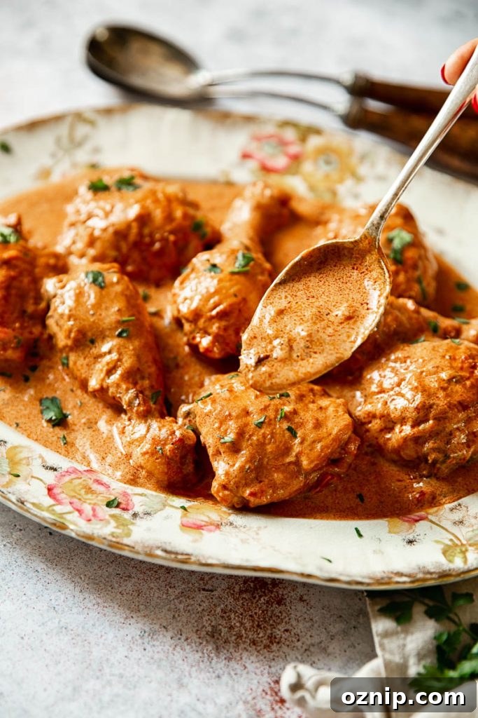 A spoon pouring the red sauce over the dish