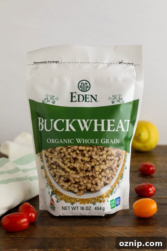 Eden Foods Buckwheat in bag on wooden board with lemon and cherry tomatoes