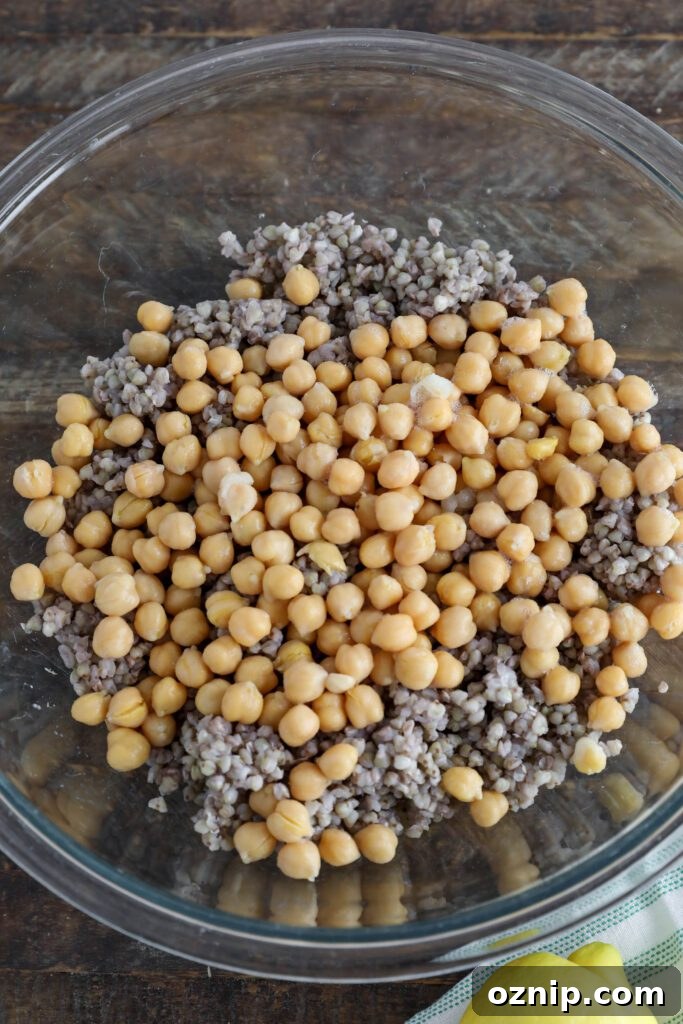 Buckwheat in glass bowl topped with chickpeas 