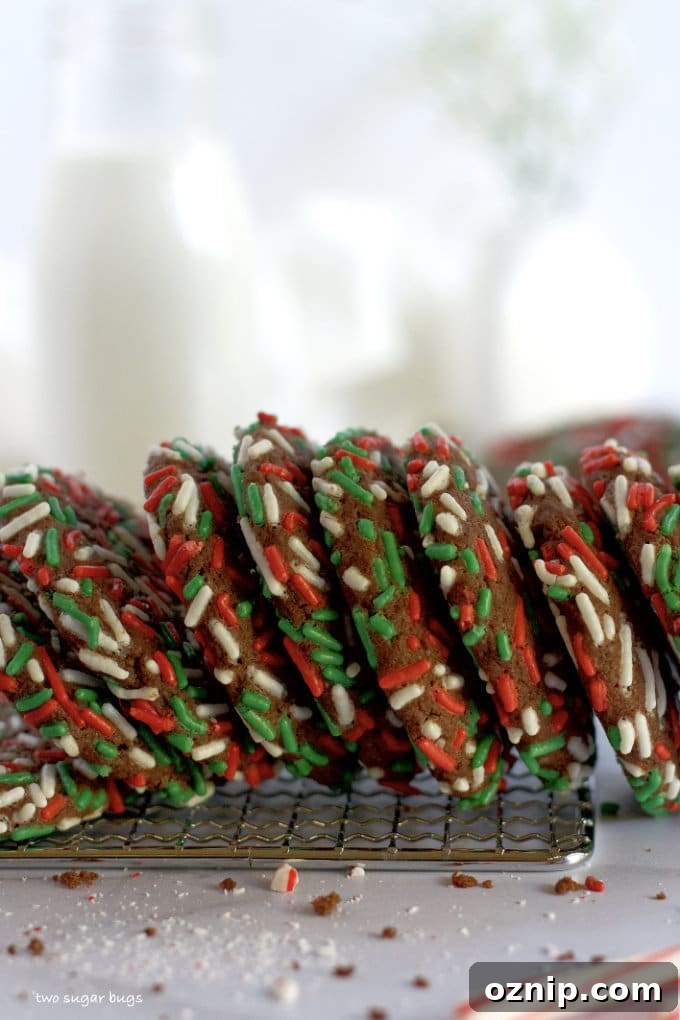 Double Peppermint Chocolate Cookie Recipe 12 cookies with sprinkles lined on a cooling rack