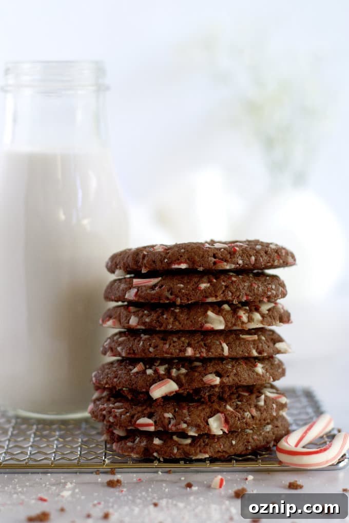 Double Peppermint Chocolate Cookie Recipe 3 stack of double peppermint chocolate cookies and a glass of milk