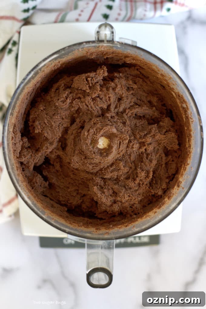 Double Peppermint Chocolate Cookie Recipe 9 finished double peppermint chocolate cookie dough in the bowl of a food processor