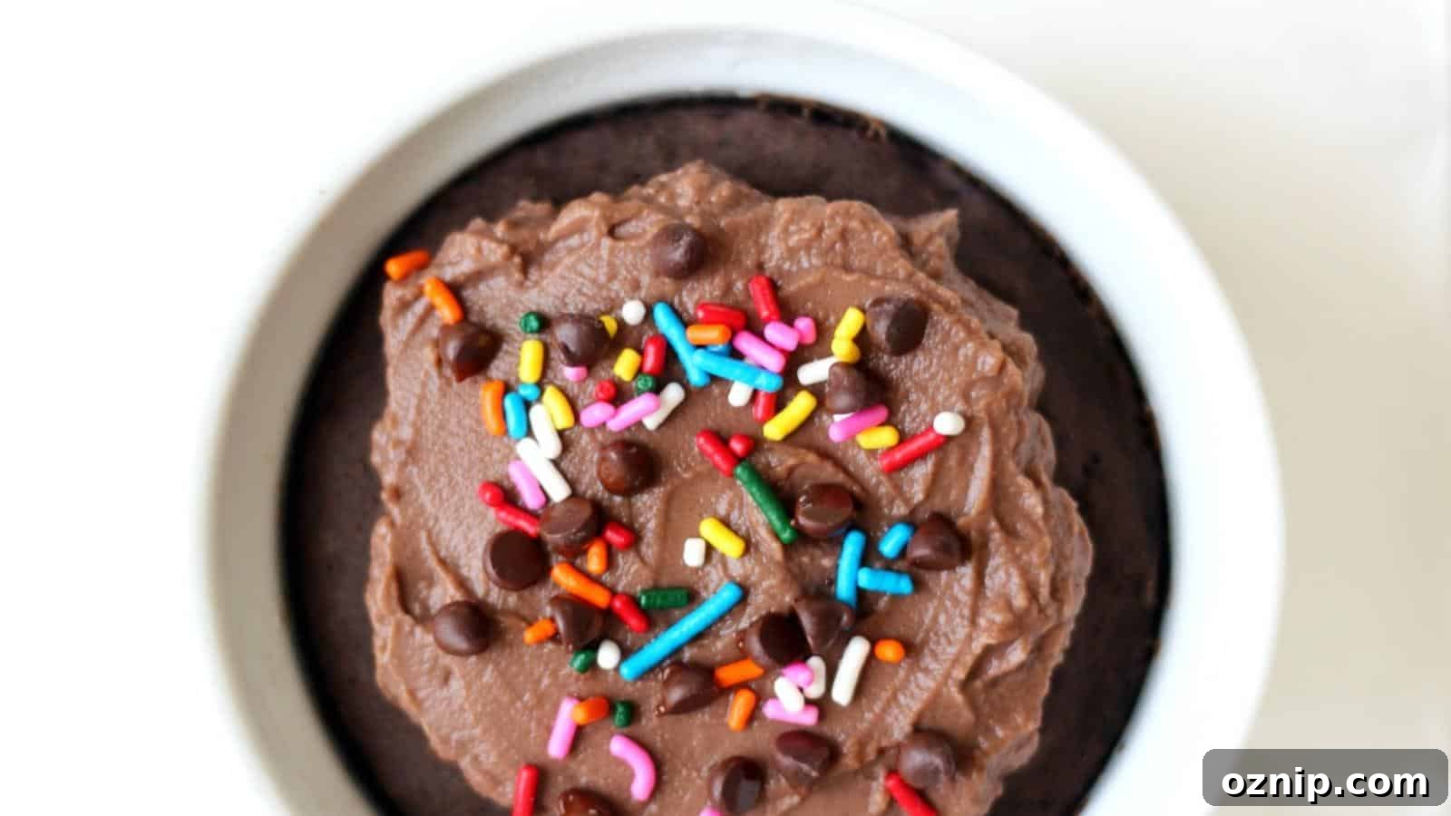 A chocolate dessert in a white bowl topped with chocolate frosting, rainbow sprinkles, and chocolate chips.