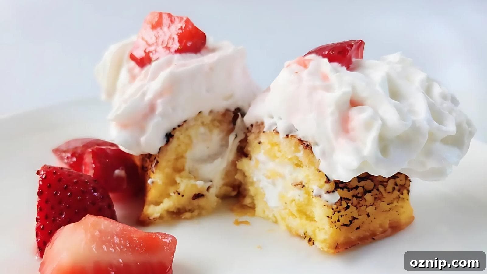 Two pieces of yellow cake with whipped cream and strawberry topping, served with extra sliced strawberries on a white plate.