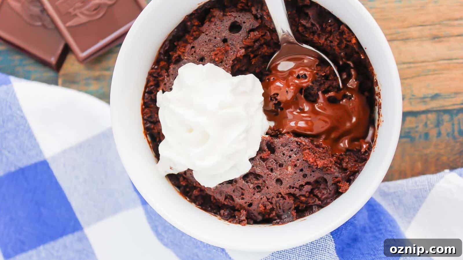 A white mug filled with chocolate mug cake, topped with whipped cream and a spoon, sits on a blue and white checkered cloth.