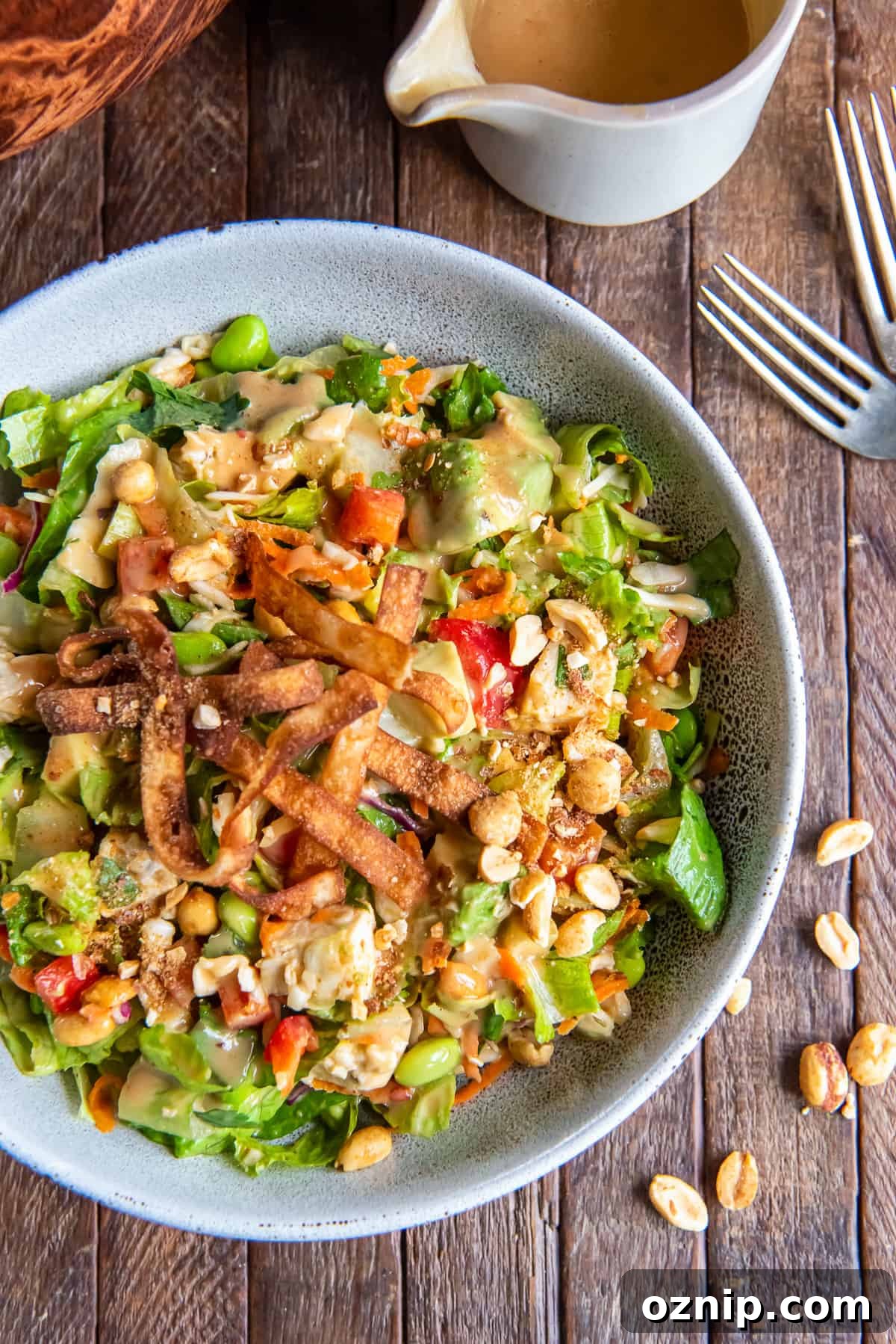 A top down shot of a salad with chicken, edamame, peanut dressing and wonton strips next to a carafe of dressing and forks.